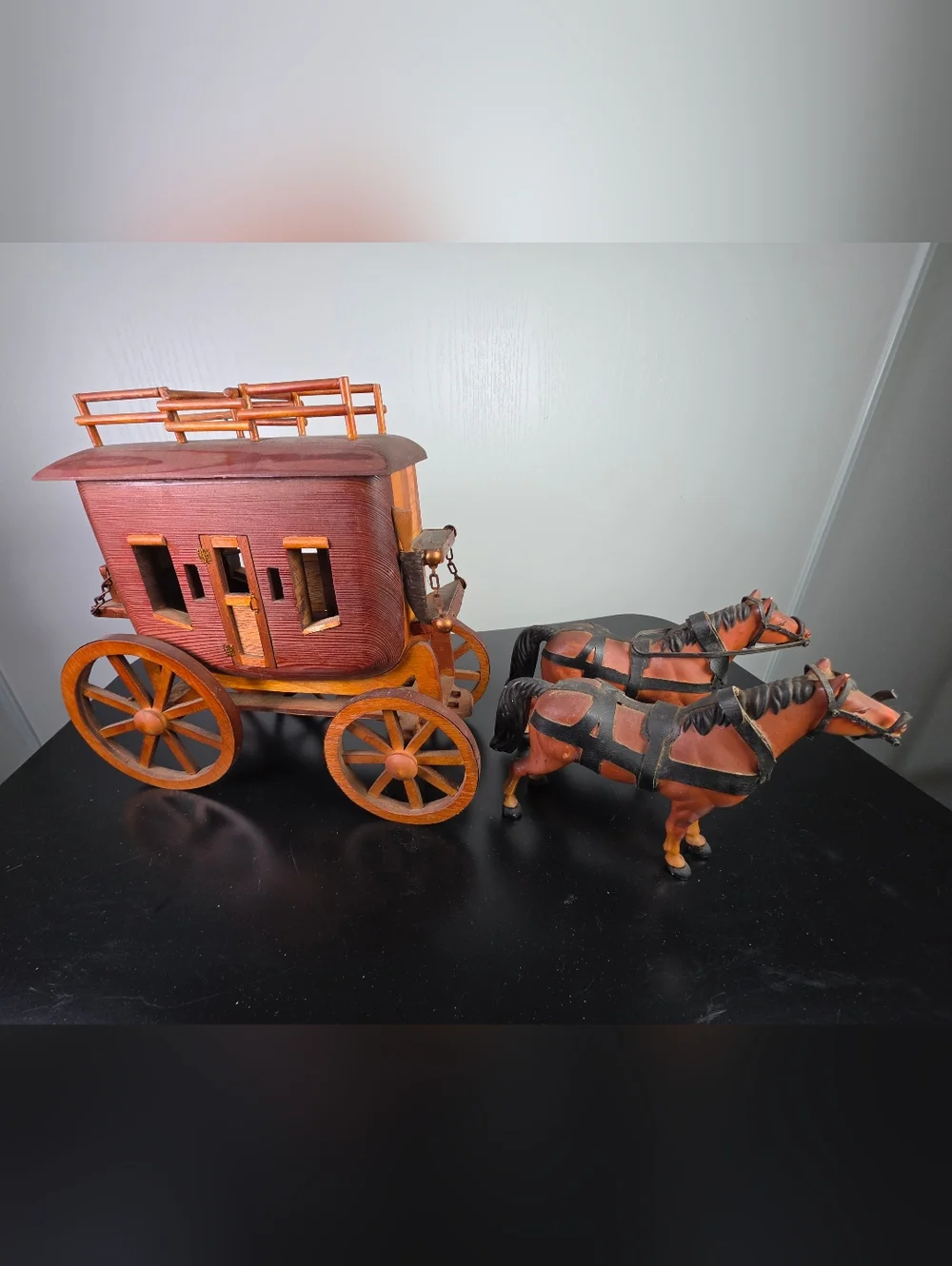 Wooden Stagecoach and Pair of Horses - Brown and Black
